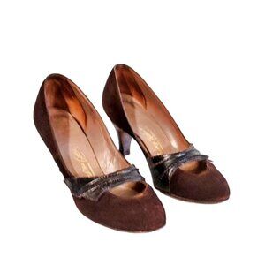 Vintage 1950s Dark Brown Suede And Leather Round Toe High Heel Shoes Larger Size